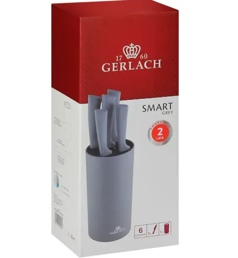 GERLACH SMART GREY Komplet 5 noży w bloku + Tasak do ziół z deską