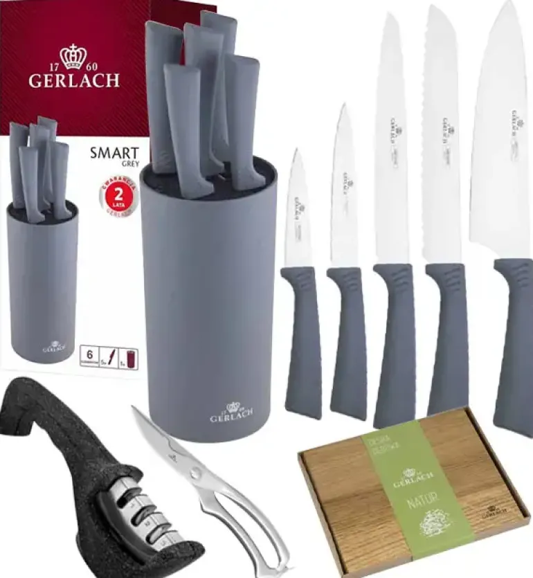 GERLACH SMART GREY Komplet 5 noży w bloku + nożyce do drobiu+ deska mała+ ostrzałka 3w1