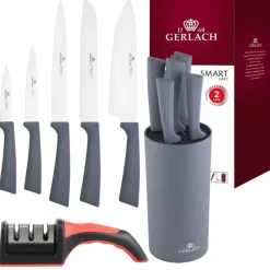 GERLACH SMART GREY Komplet 5 noży w bloku + ostrzałka 3w1 uni czerwona