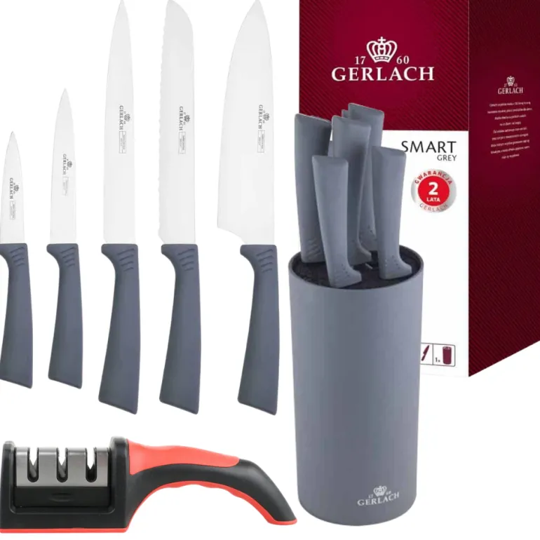 GERLACH SMART GREY Komplet 5 noży w bloku + ostrzałka 3w1 uni czerwona