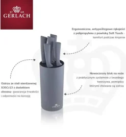 GERLACH SMART GREY Komplet 5 noży w bloku + ostrzałka 3w1 uni czerwona