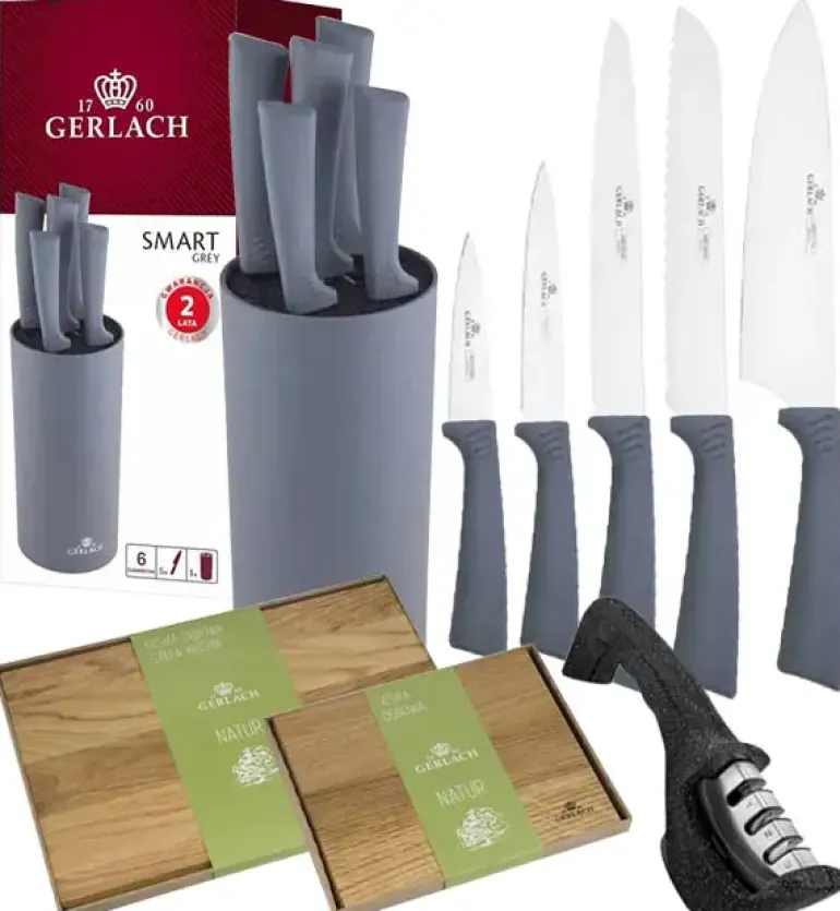 GERLACH SMART GREY Komplet 5 noży w bloku + nożyce do drobiu+ deski Natur