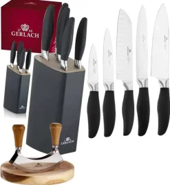 GERLACH STYLE PLUS Komplet 5 noży w bloku + Natur Tasak do ziół z deską