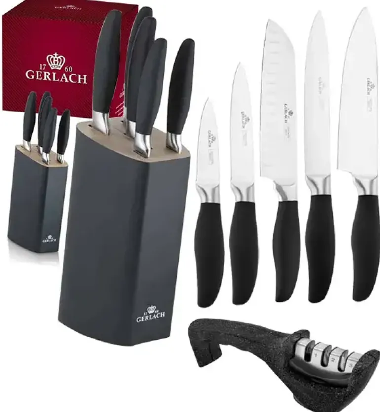 GERLACH STYLE PLUS Komplet 5 noży w bloku + ostrzałka Granitex 3w1 + deska dębowa Natur