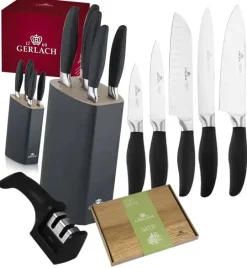 GERLACH STYLE PLUS Komplet 5 noży w bloku + ostrzałka 2w1 + deska dębowa