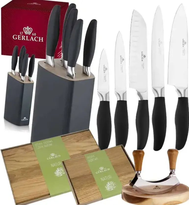 GERLACH STYLE PLUS Komplet 5 noży w bloku + Natur Tasak do ziół + deski Natur