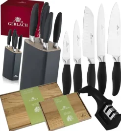 GERLACH STYLE PLUS Komplet 5 noży w bloku + ostrzałka 2w1 + komplet desek dębowych