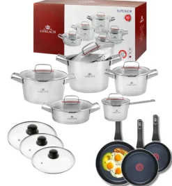 GERLACH SUPERIOR Komplet Garnki z pokrywkami 10 el + patelnie Gerlach Ambiente ThermoCoat 20, 24, 28 cm + pokrywki szklane