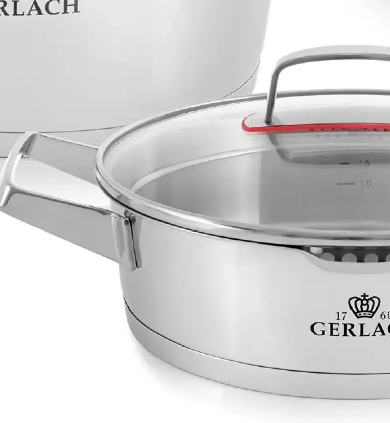 GERLACH SUPERIOR Komplet Garnki z pokrywkami 10 el + patelnie Gerlach Ambiente ThermoCoat 20, 24, 28 cm + Patelnia naleśnikowa 26 cm