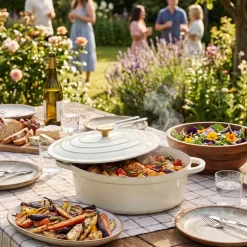 HAGE Brytfanna żeliwna emaliowana 6 l z pokrywką 34 cm kremowy