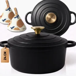 HAGE Garnek żeliwny emaliowany 4 l z pokrywką 24 cm czarny mat
