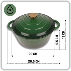 HAGE Garnek żeliwny emaliowany 3 l z pokrywką 22 cm butelkowa zieleń