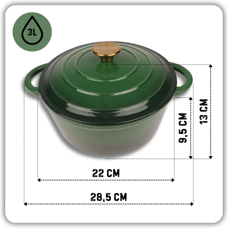 HAGE Garnek żeliwny emaliowany 3 l z pokrywką 22 cm butelkowa zieleń