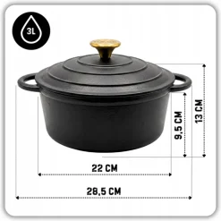HAGE Garnek żeliwny emaliowany 3 l z pokrywką 22 cm czarny mat