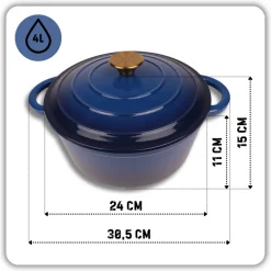 HAGE Garnek żeliwny emaliowany 4 l z pokrywką 24 cm niebieski