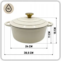 HAGE Garnek żeliwny emaliowany 4 l z pokrywką 24 cm kremowy