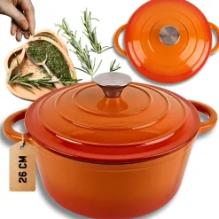 HAGE Garnek żeliwny emaliowany 5 l z pokrywką 26 cm pomarańczowy
