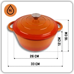 HAGE Garnek żeliwny emaliowany 5 l z pokrywką 26 cm pomarańczowy
