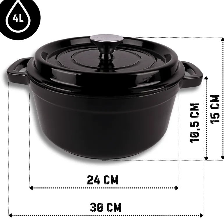HAGE Garnek żeliwny emaliowany 4 l z pokrywką 24 cm czarny