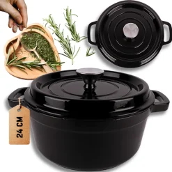 HAGE Garnek żeliwny emaliowany 4 l z pokrywką 24 cm czarny