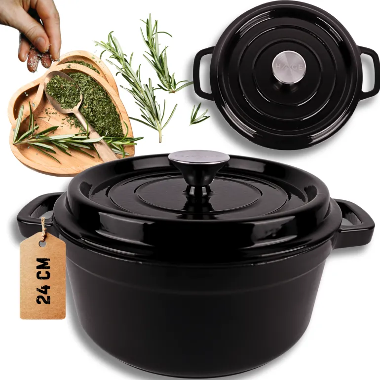 HAGE Garnek żeliwny emaliowany 4 l z pokrywką 24 cm czarny