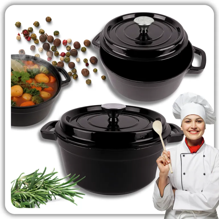 HAGE Garnek żeliwny emaliowany 4 l z pokrywką 24 cm czarny