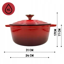 HAGE Garnek żeliwny emaliowany 4 l z pokrywką 24 cm czerwony