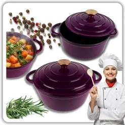 HAGE Garnek żeliwny emaliowany 4 l z pokrywką 24 cm bakłażanowy