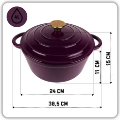 HAGE Garnek żeliwny emaliowany 4 l z pokrywką 24 cm bakłażanowy