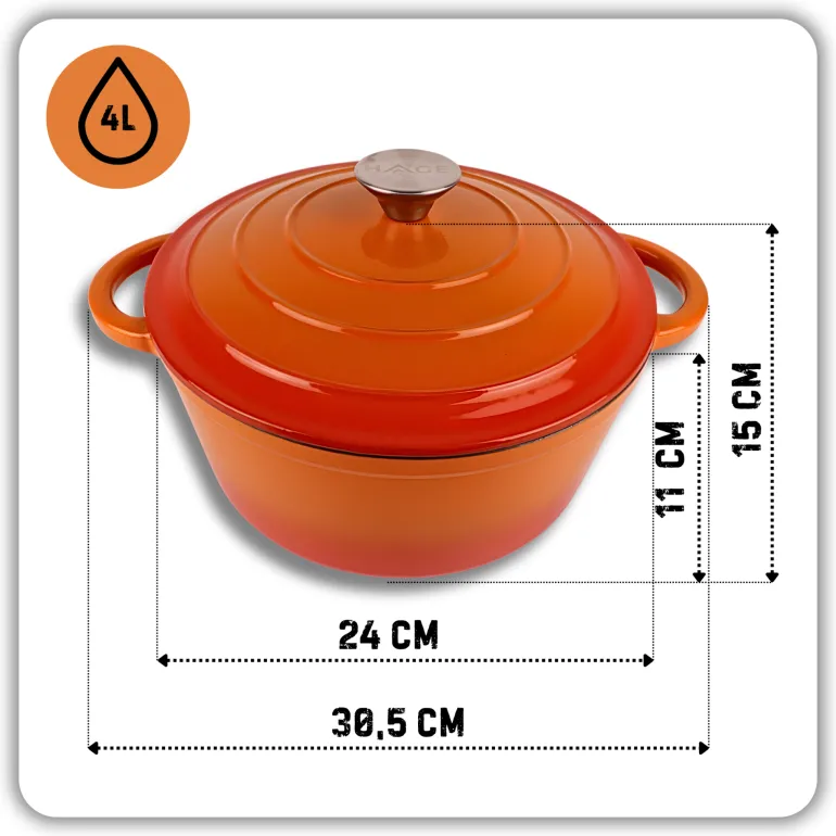 HAGE Garnek żeliwny emaliowany 4 l z pokrywką 24 cm pomarańczowy