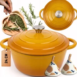HAGE Garnek żeliwny emaliowany 4 l z pokrywką 24 cm musztardowy