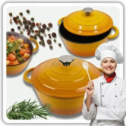 HAGE Garnek żeliwny emaliowany 4 l z pokrywką 24 cm musztardowy