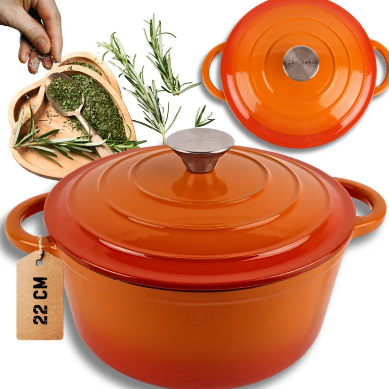 HAGE Garnek żeliwny emaliowany 3 l z pokrywką 22 cm pomarańczowy