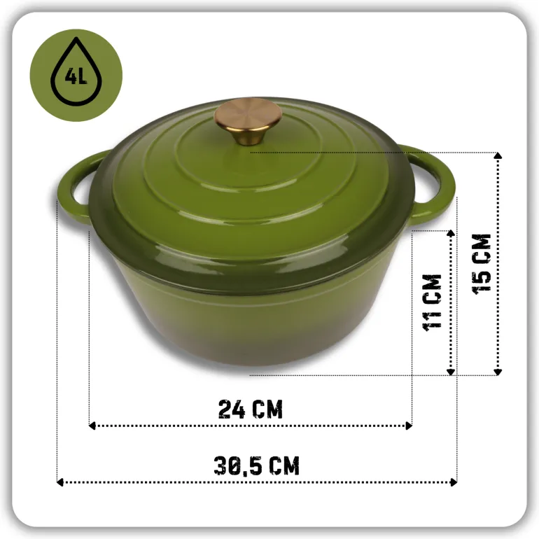 HAGE Garnek żeliwny emaliowany 4 l z pokrywką 24 cm oliwkowy