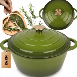 HAGE Garnek żeliwny emaliowany 4 l z pokrywką 24 cm oliwkowy