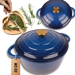 HAGE Garnek żeliwny emaliowany 3 l z pokrywką 22 cm niebieski