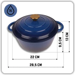 HAGE Garnek żeliwny emaliowany 3 l z pokrywką 22 cm niebieski