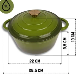 HAGE Garnek żeliwny emaliowany 3 l z pokrywką 22 cm oliwkowy