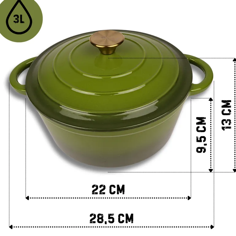 HAGE Garnek żeliwny emaliowany 3 l z pokrywką 22 cm oliwkowy