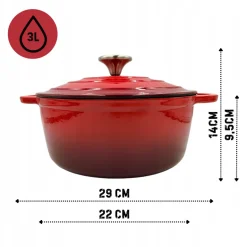 HAGE Garnek żeliwny emaliowany 3 l z pokrywką 22 cm czerwony