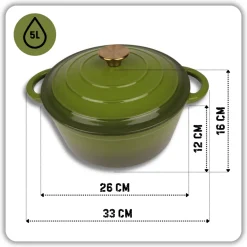 HAGE Garnek żeliwny emaliowany 5 l z pokrywką 26 cm oliwkowy