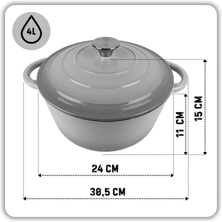 HAGE Garnek żeliwny emaliowany 4 l z pokrywką 24 cm szary