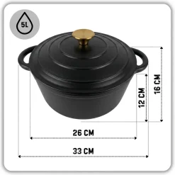 HAGE Garnek żeliwny emaliowany 5 l z pokrywką 26 cm czarny mat