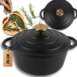 HAGE Garnek żeliwny emaliowany 5 l z pokrywką 26 cm czarny mat