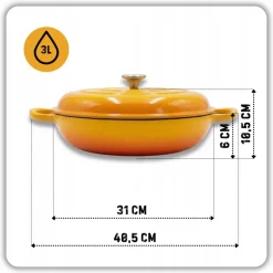 HAGE Niski garnek żeliwny emaliowany 3 l z pokrywką 30 cm musztardowy