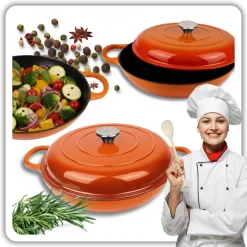 HAGE Niski garnek żeliwny emaliowany 3 l z pokrywką 30 cm pomarańczowy