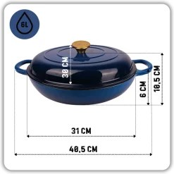 HAGE Niski garnek żeliwny emaliowany 3 l z pokrywką 30 cm niebieski