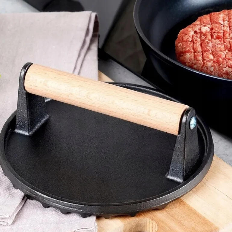 HAGE Prasa do burgerów żeliwna okrągła 17,5 cm drewniany uchwyt