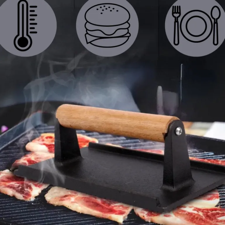 HAGE Prasa do burgerów żeliwna prostokątna 10x20 cm drewniany uchwyt
