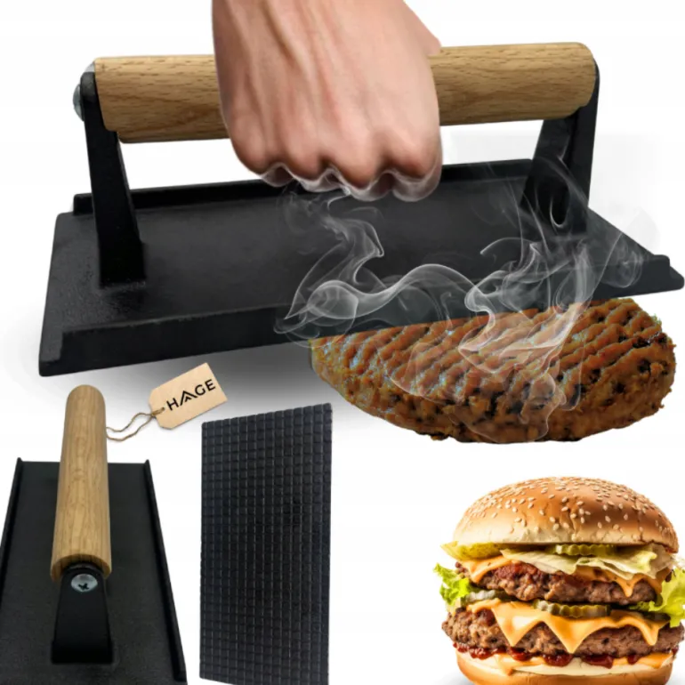 HAGE Prasa do burgerów żeliwna prostokątna 10x20 cm drewniany uchwyt